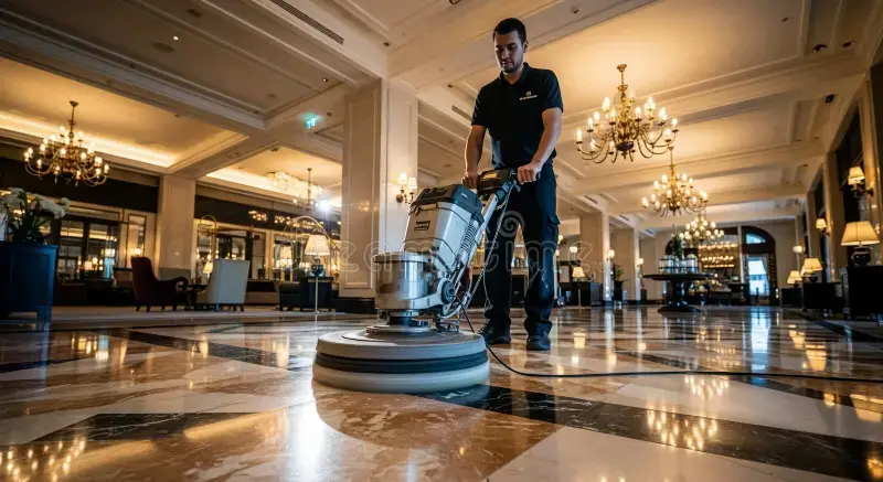 Floor grinder restoring terrazzo floor shine