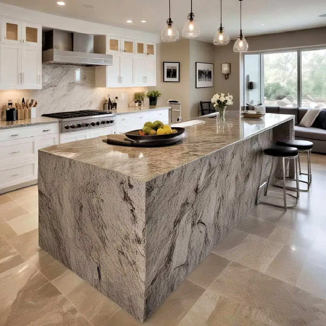 Perfectly vein matched waterfall kitchen island