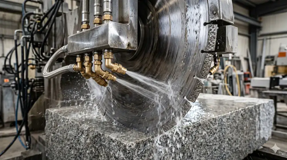 Close up of steel water manifolds with brass nozzles precisely aimed at the front and rear of a stone saw blade