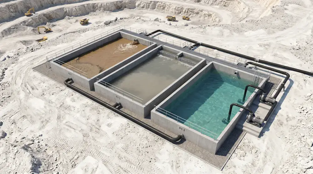 Diagram showing a 3-stage settlement pit system filtering quarry wastewater for machine recirculation