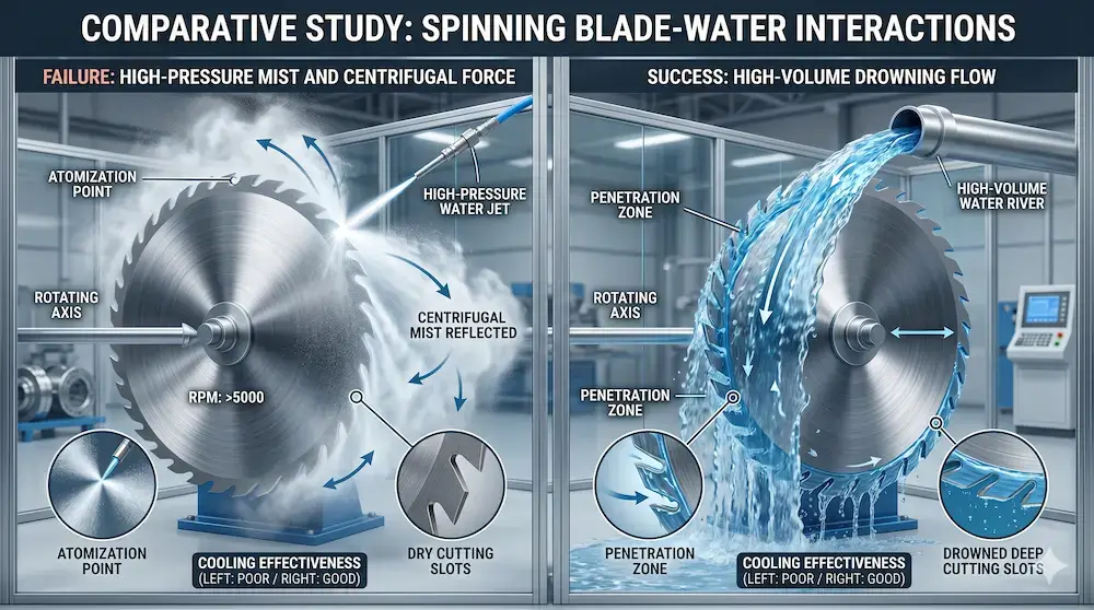 Graphic illustrating high pressure mist bouncing off a blade versus high volume flow drowning the cut slot