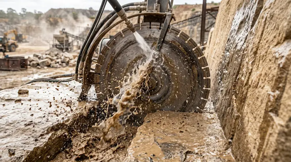 High volume cooling water jetting directly into a deep stone cutting slot flushing out thick sandstone slurry