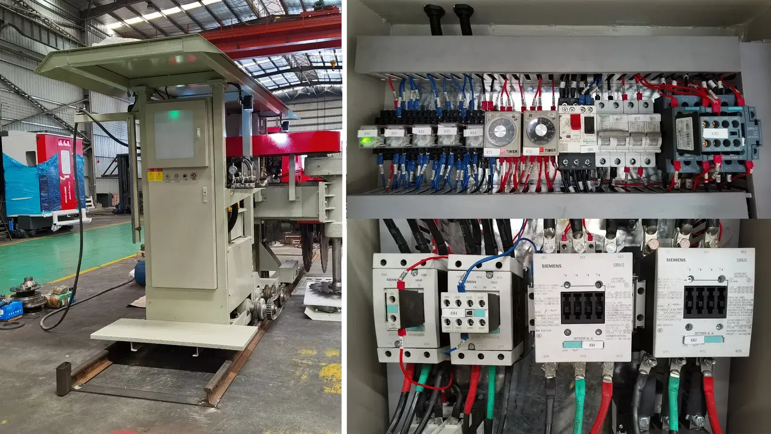 Inside look of an open MosCut IP65 industrial electrical cabinet showcasing heavy duty contactors and a large digital VFD drive screen on a hot quarry background