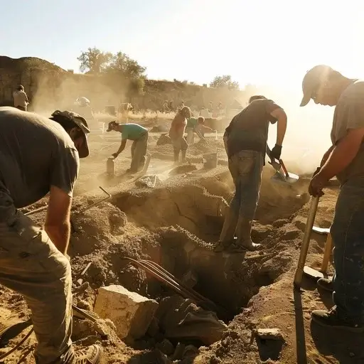 Large crew of manual laborers working inefficiently with hand tools in a dusty stone quarry