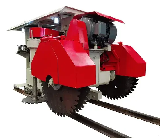 Machine traveling on a heavy duty reinforced steel dual rail system