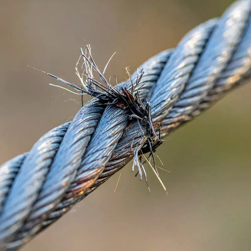 Macro view of a snapped diamond wire joint showing frayed internal steel cables due to slippage