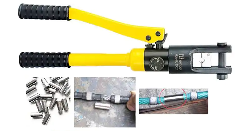 Operator using a hydraulic tool to crimp a diamond wire joint