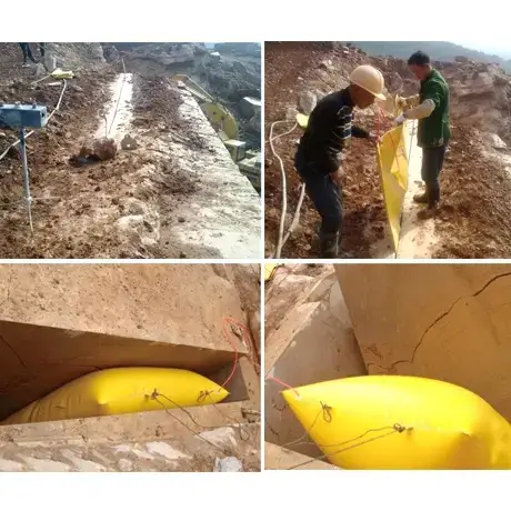 Safety compliant quarry worker using a long pneumatic hose and pressure gauge gauge standing far away from the tipping block