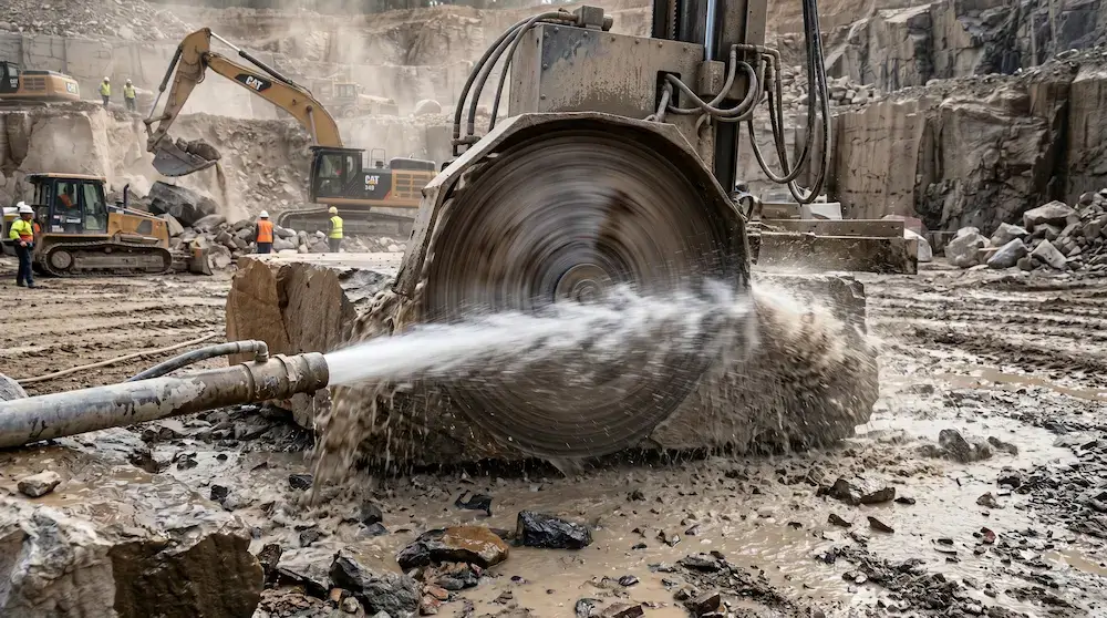 Separate heavy duty water line spraying a wide fan jet across the horizontal undercutting blade assembly