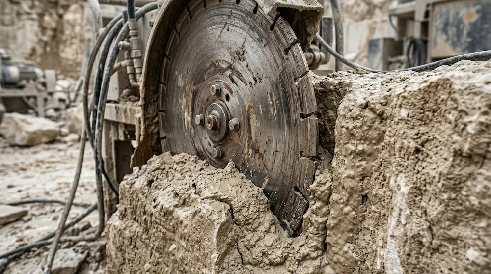 Thick cement like stone mud packing tightly inside a circular saw blade slot causing a jam