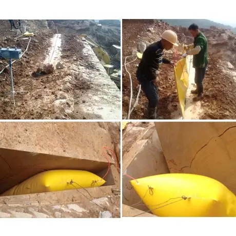 Worker safely inflating an air pushing bag behind a massive marble block