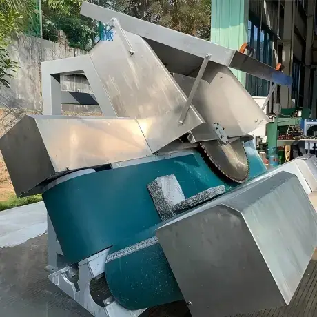 Engineering analysis showing structural constraint collapse and tensile stress propagation causing an edge blowout as a saw blade exits the stone boundary