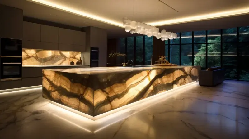 High-end interior design featuring a seamless, backlit translucent onyx glass composite feature wall and cabinet doors