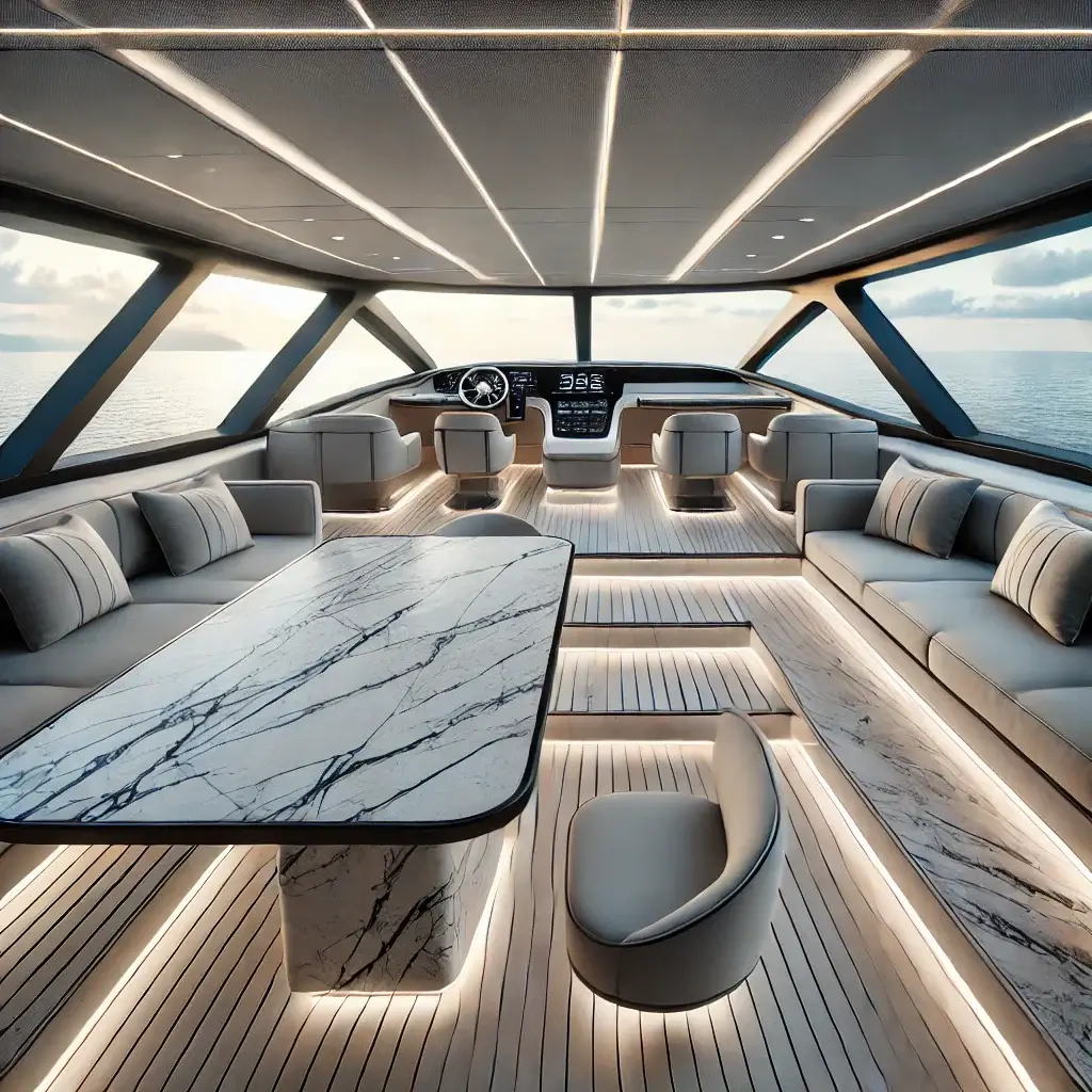 Luxury superyacht interior featuring genuine ultra-thin marble veneers laminated to lightweight carbon fiber panels