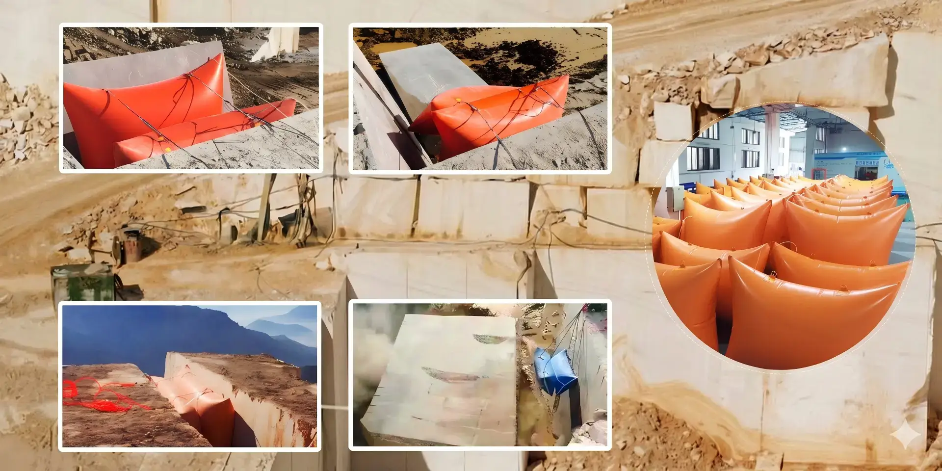 MosCut air pushing bags inserted into a narrow wire saw cut, inflating to safely topple a massive marble block in a quarry