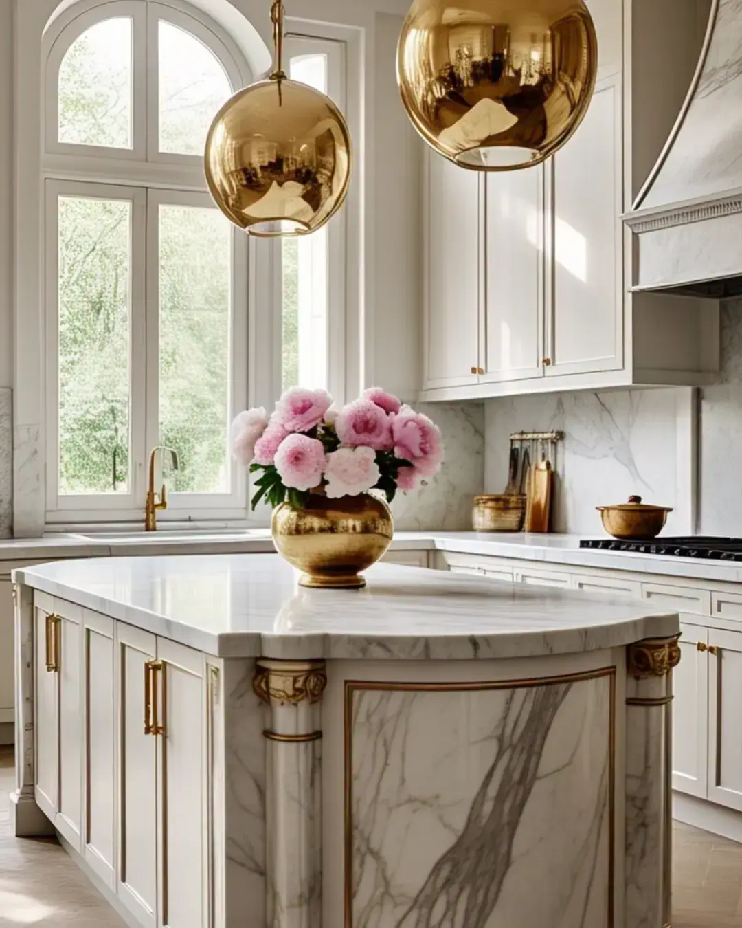 Large marble kitchen island featuring a polished Ogee edge processed by a horizontal machine