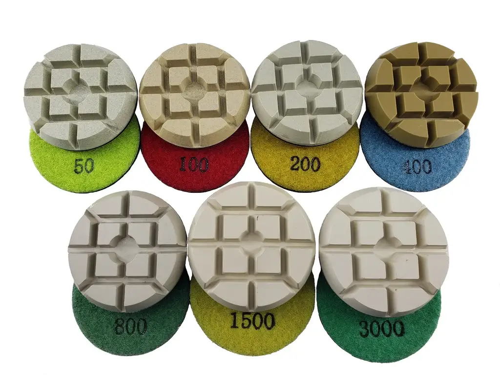 Sequential series of snail-lock resin diamond polishing pads ranging from 50 grit to final buff
